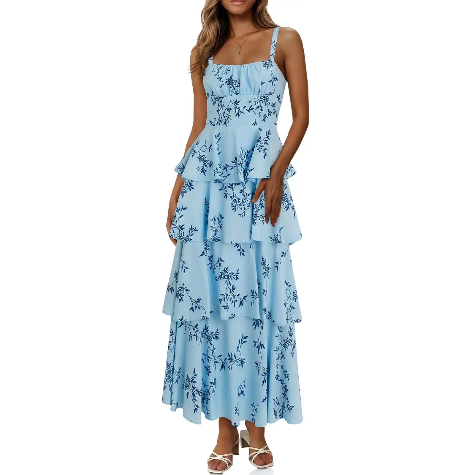 Imily Bela New Womens Floral Maxi Dresses Spaghetti Strap Casual Sleeveless Ruffle Flowy Tiered Dress Comfort Fit