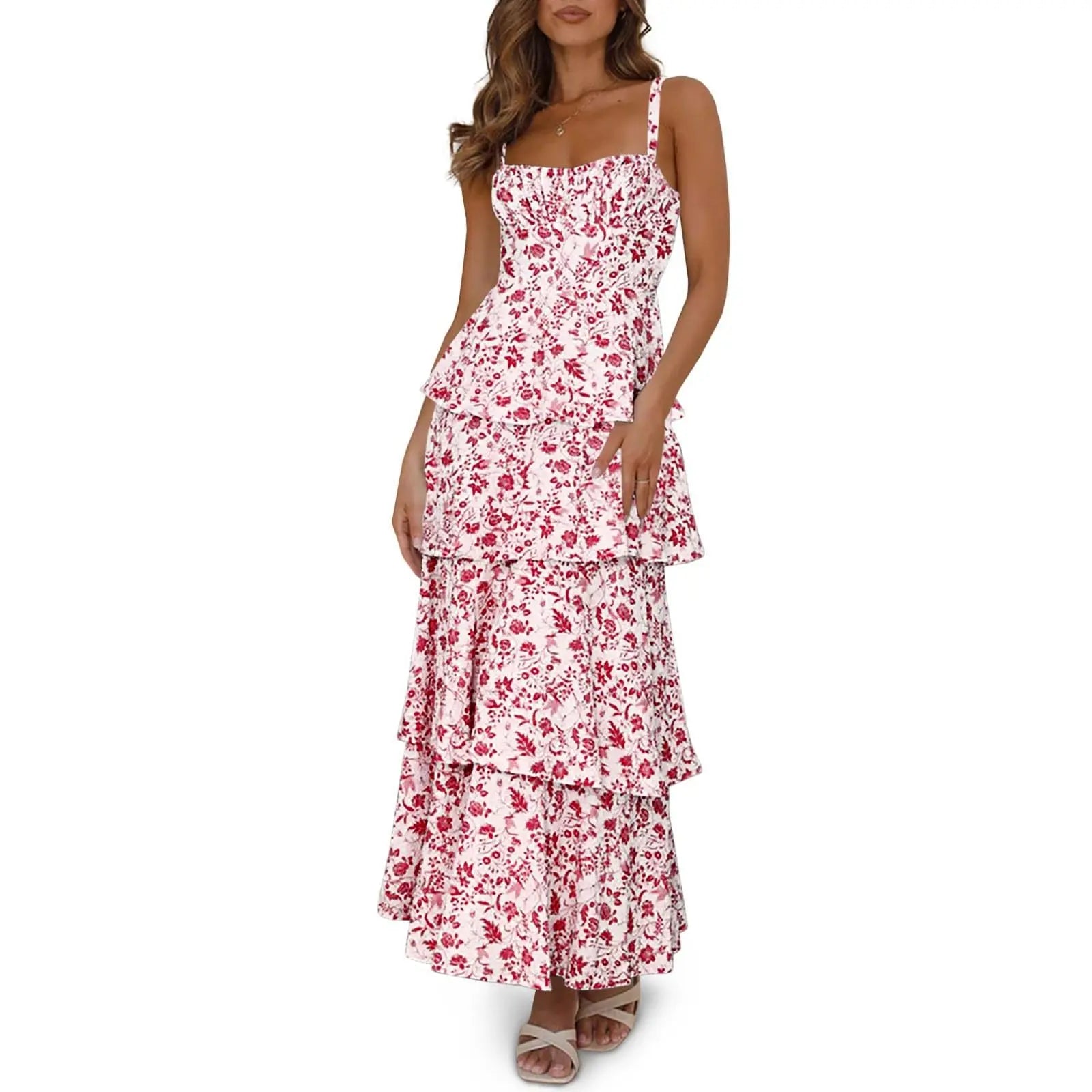 Imily Bela New Womens Floral Maxi Dresses Spaghetti Strap Casual Sleeveless Ruffle Flowy Tiered Dress Comfort Fit