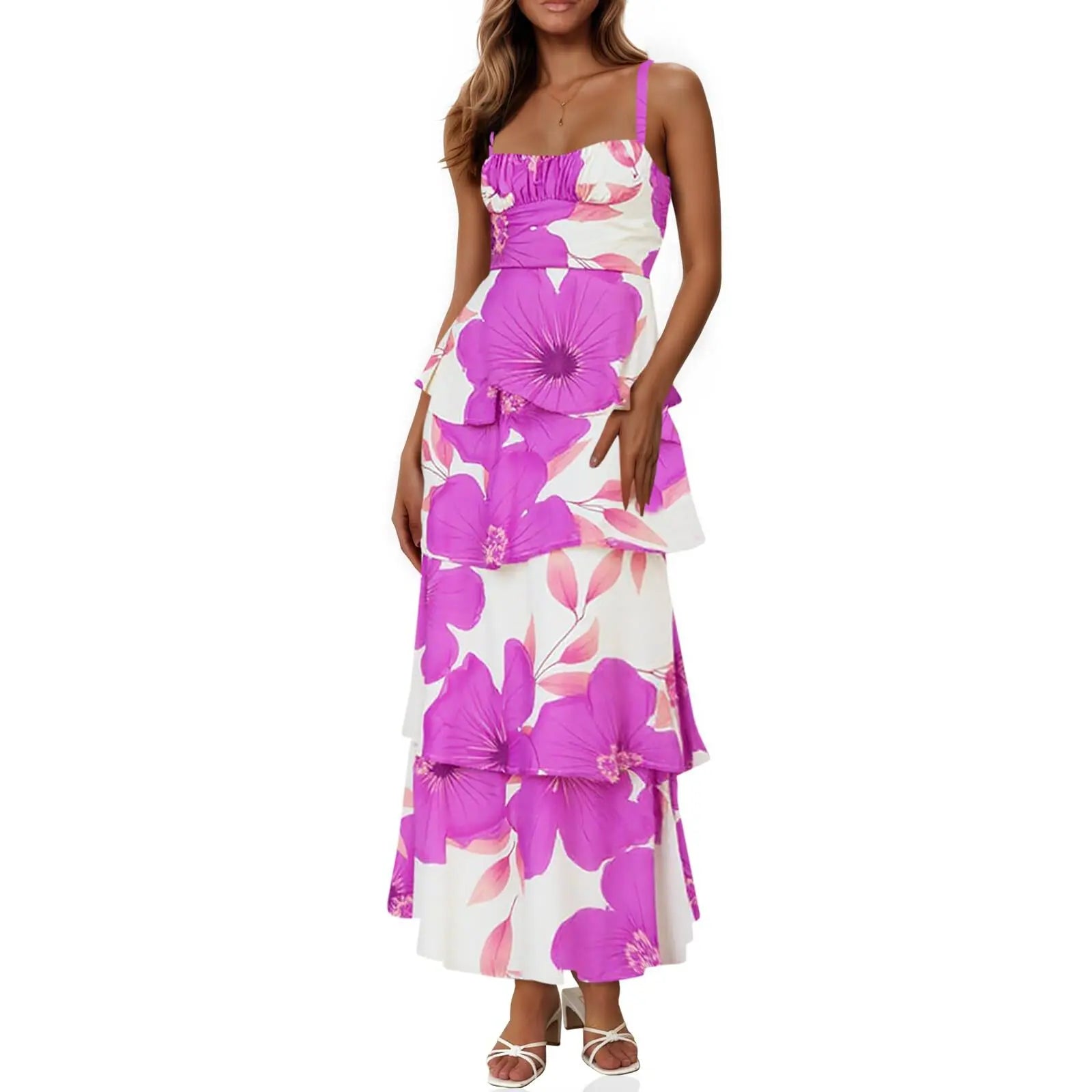 Imily Bela New Womens Floral Maxi Dresses Spaghetti Strap Casual Sleeveless Ruffle Flowy Tiered Dress Comfort Fit