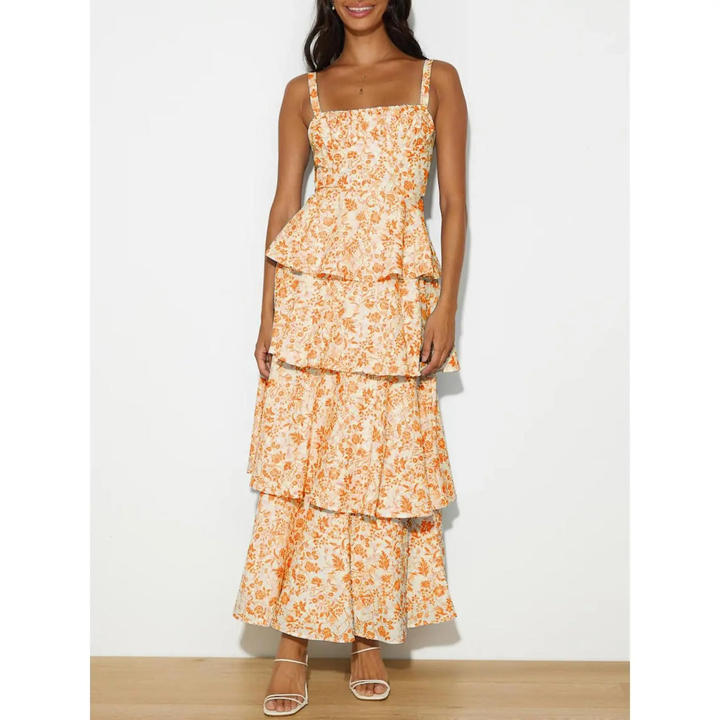 Imily Bela New Womens Floral Maxi Dresses Spaghetti Strap Casual Sleeveless Ruffle Flowy Tiered Dress Comfort Fit