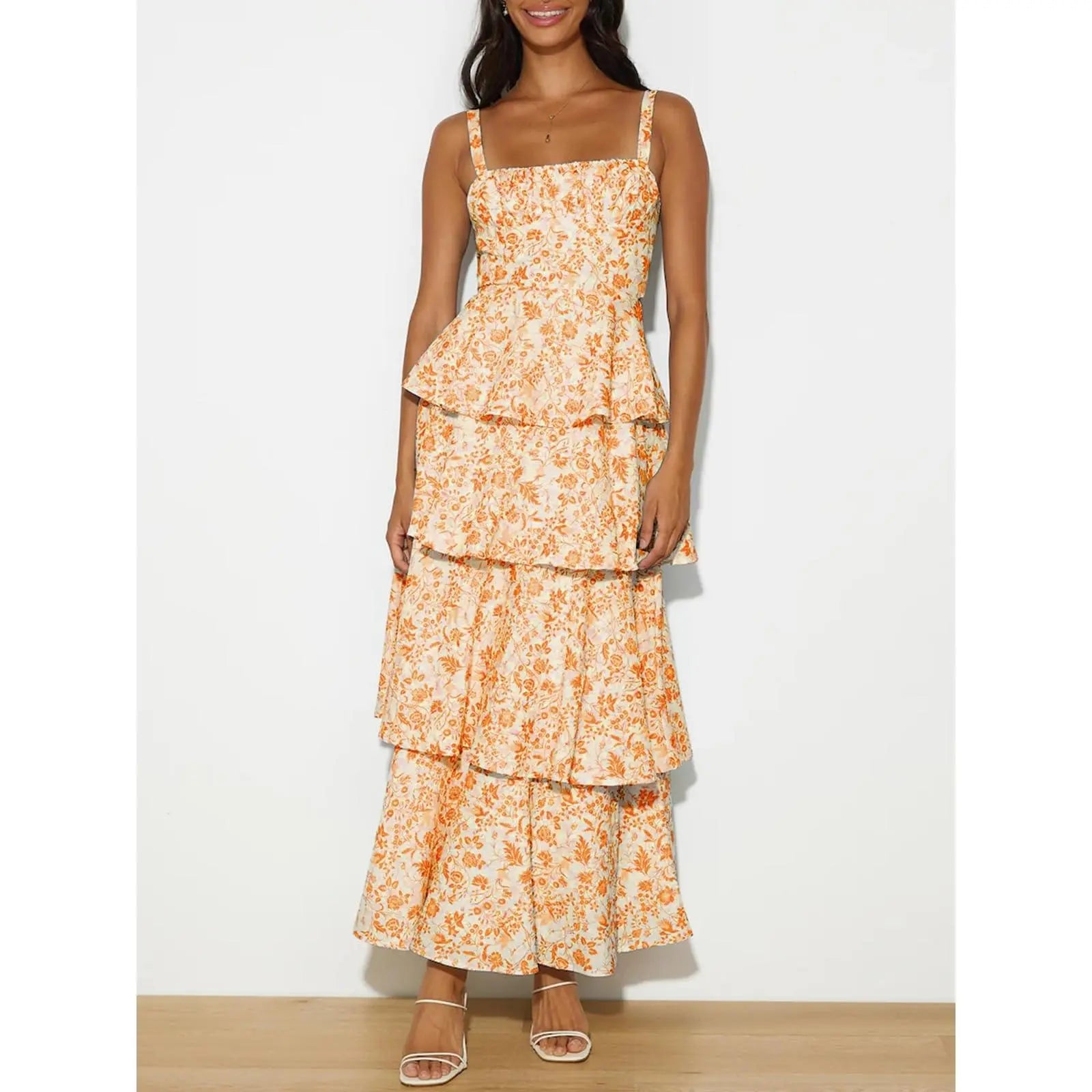 Imily Bela New Womens Floral Maxi Dresses Spaghetti Strap Casual Sleeveless Ruffle Flowy Tiered Dress Comfort Fit