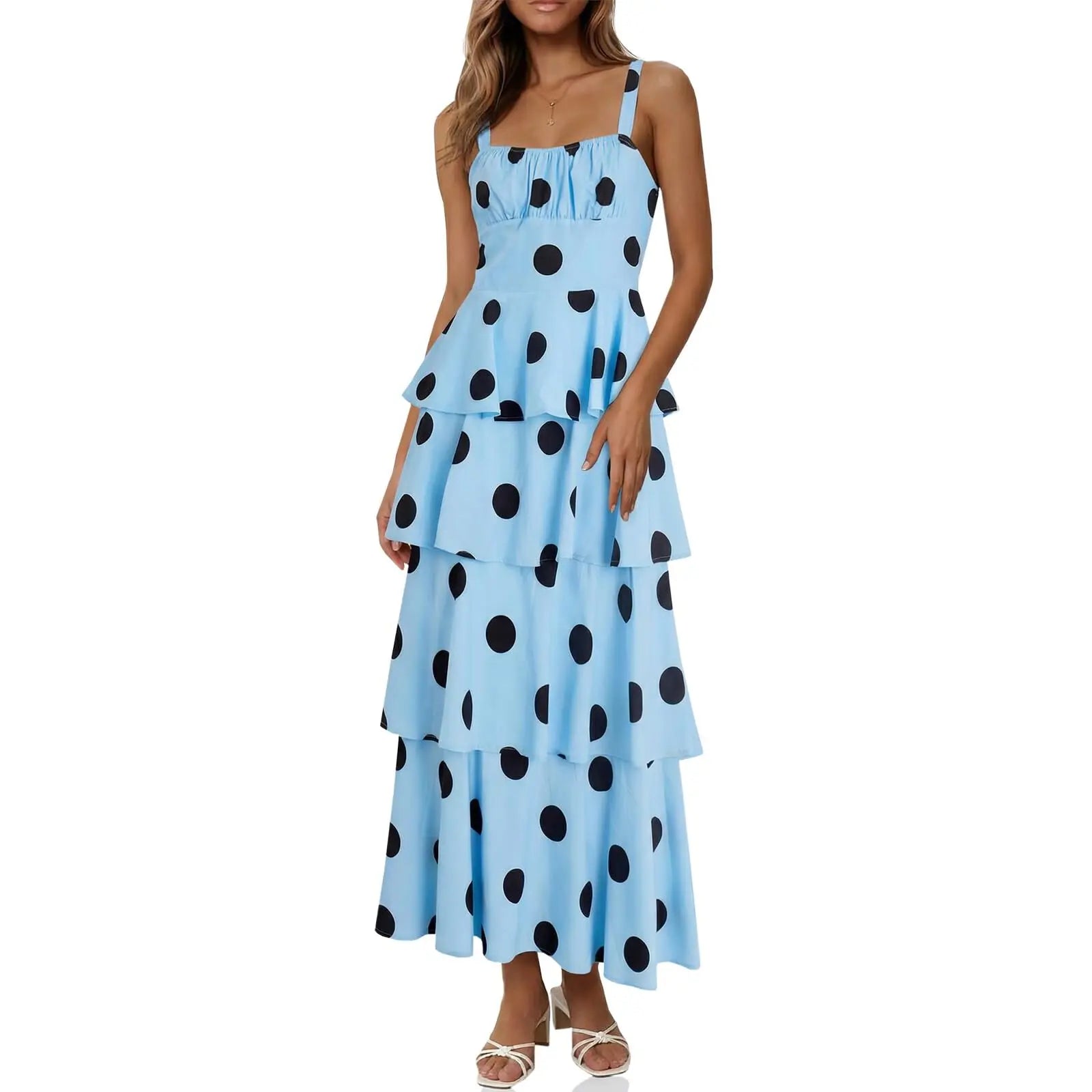 Imily Bela New Womens Floral Maxi Dresses Spaghetti Strap Casual Sleeveless Ruffle Flowy Tiered Dress Comfort Fit