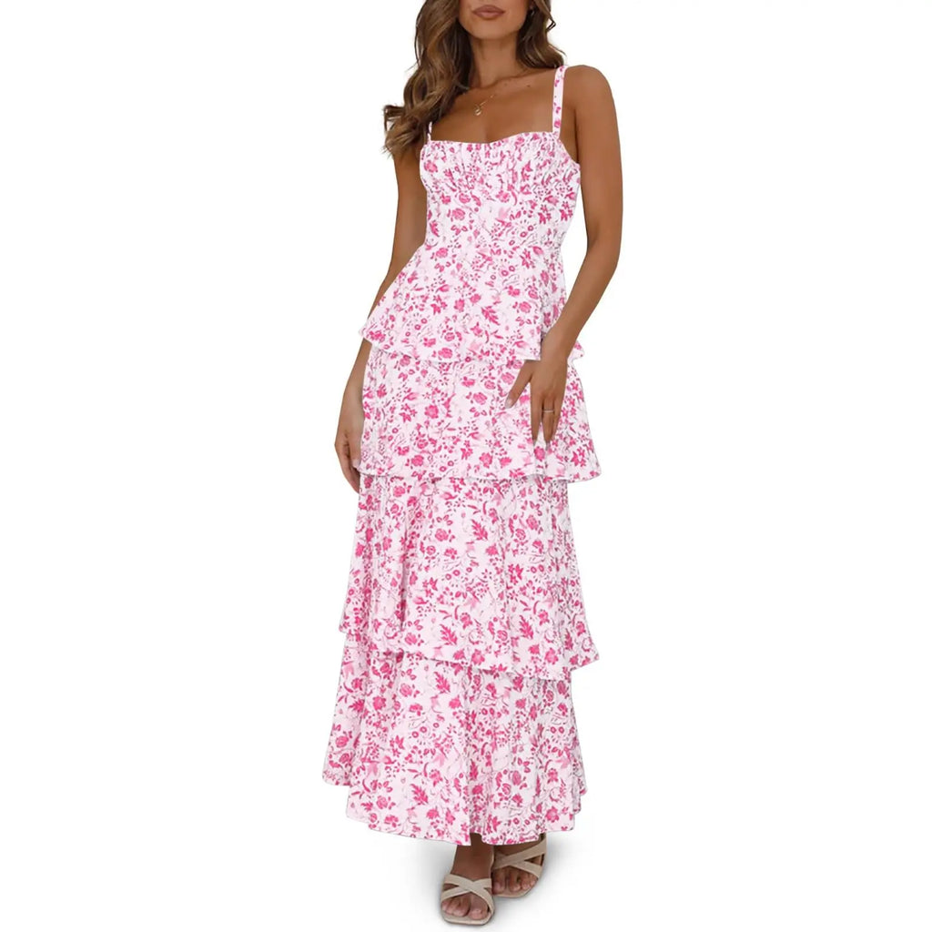 Imily Bela New Womens Floral Maxi Dresses Spaghetti Strap Casual Sleeveless Ruffle Flowy Tiered Dress Comfort Fit