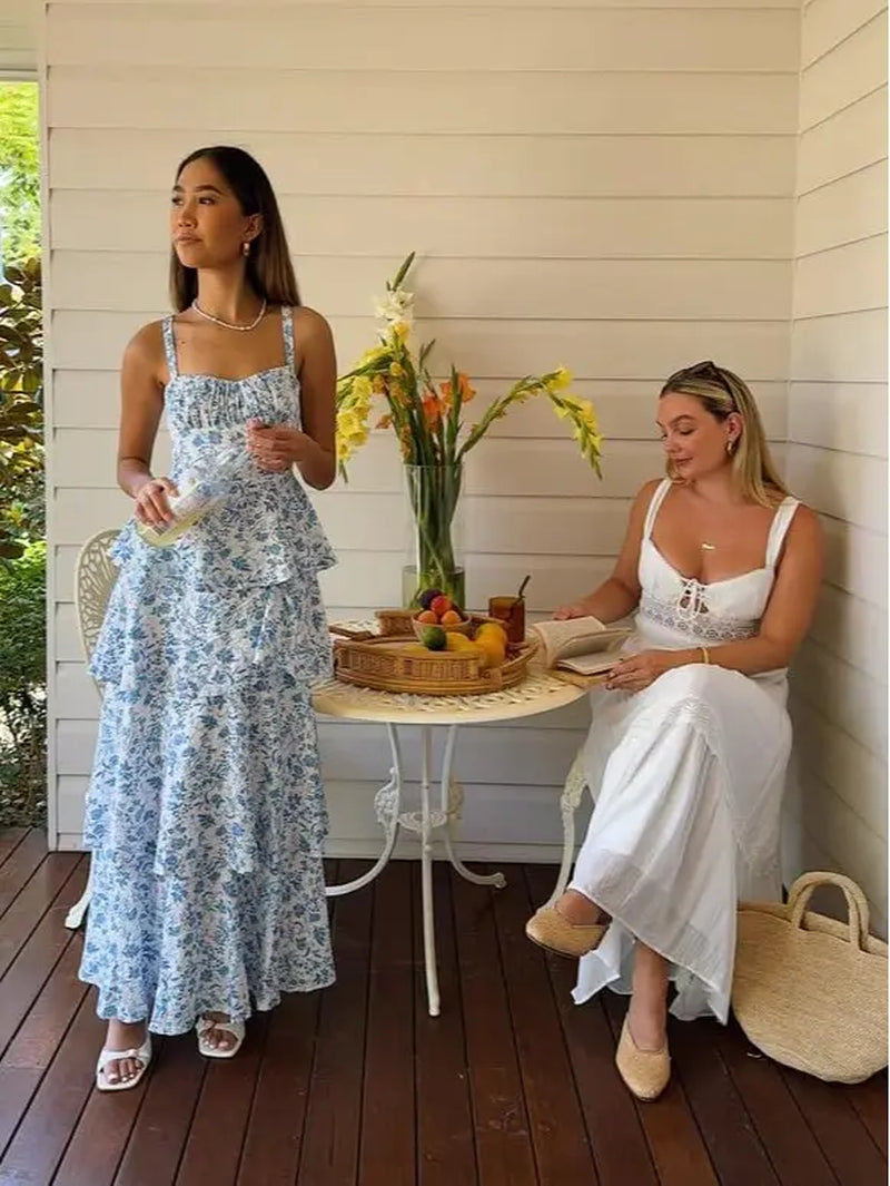 Imily Bela New Womens Floral Maxi Dresses Spaghetti Strap Casual Sleeveless Ruffle Flowy Tiered Dress Comfort Fit