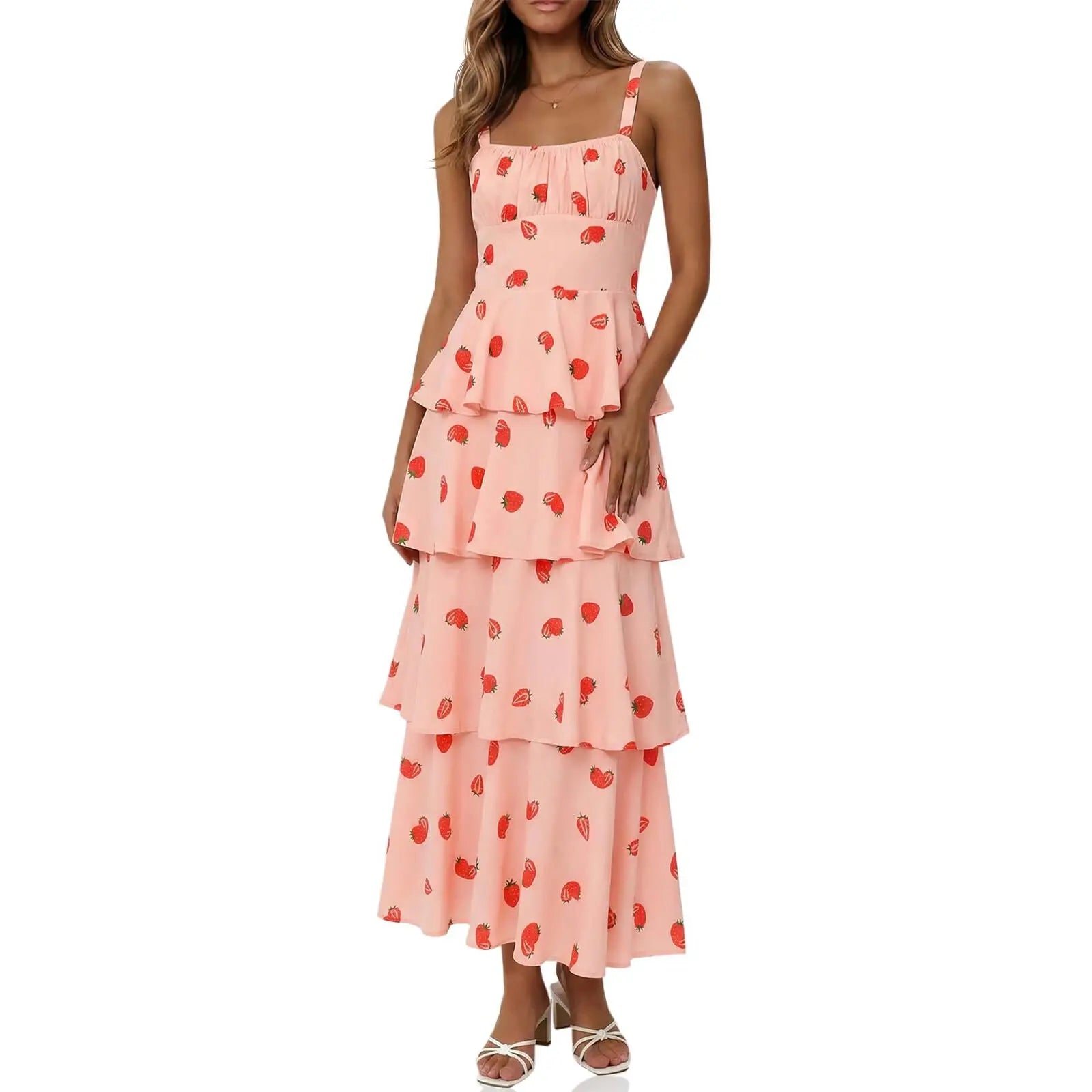 Imily Bela New Womens Floral Maxi Dresses Spaghetti Strap Casual Sleeveless Ruffle Flowy Tiered Dress Comfort Fit