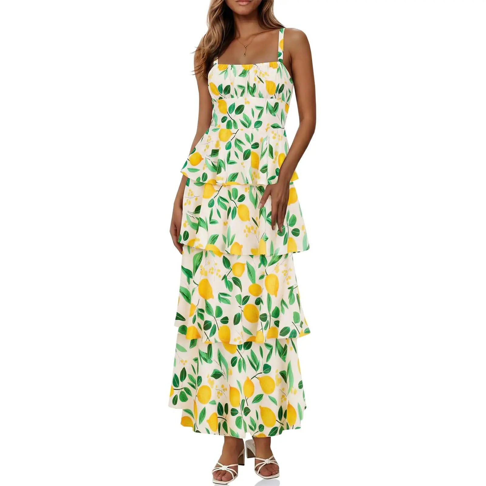 Imily Bela New Womens Floral Maxi Dresses Spaghetti Strap Casual Sleeveless Ruffle Flowy Tiered Dress Comfort Fit