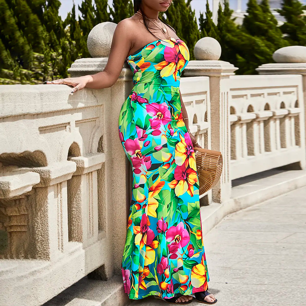 Chicme Women'S Allover Floral Print Mermaid Hem Tube Dress/Seaside Vacation Sleeveless Skirt