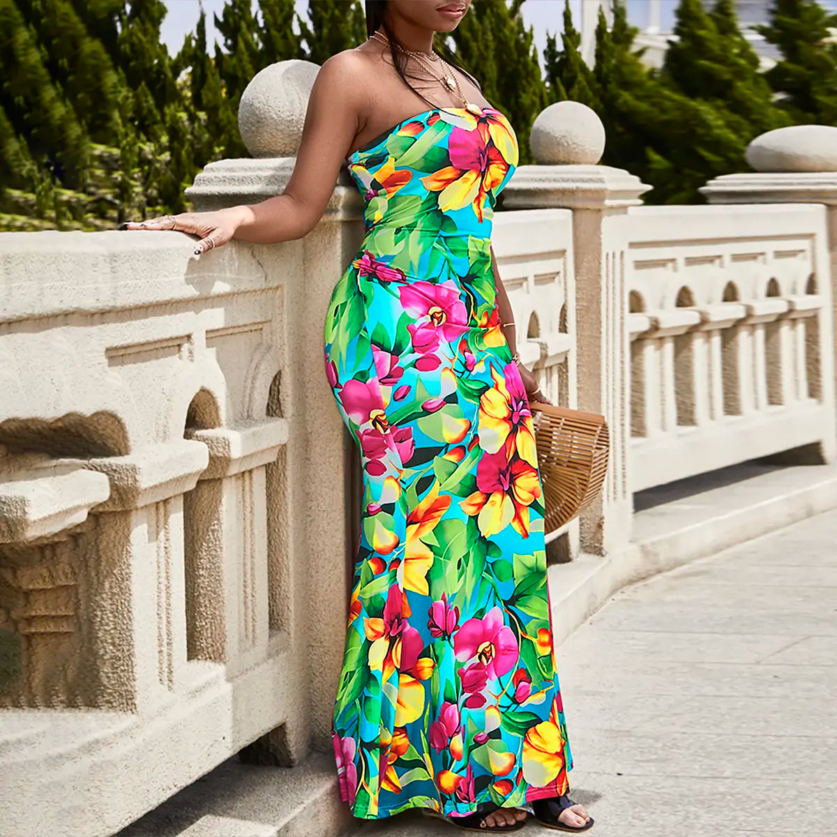 Chicme Women'S Allover Floral Print Mermaid Hem Tube Dress/Seaside Vacation Sleeveless Skirt