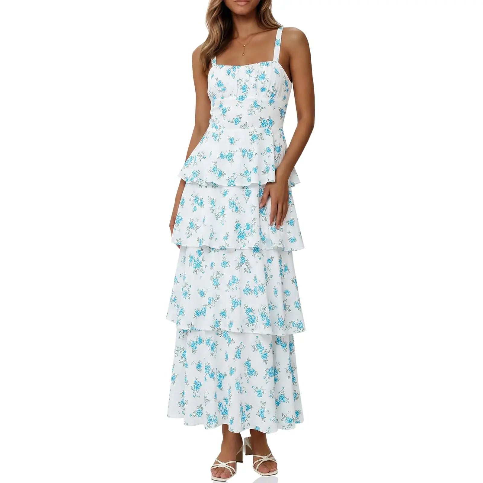 Imily Bela New Womens Floral Maxi Dresses Spaghetti Strap Casual Sleeveless Ruffle Flowy Tiered Dress Comfort Fit