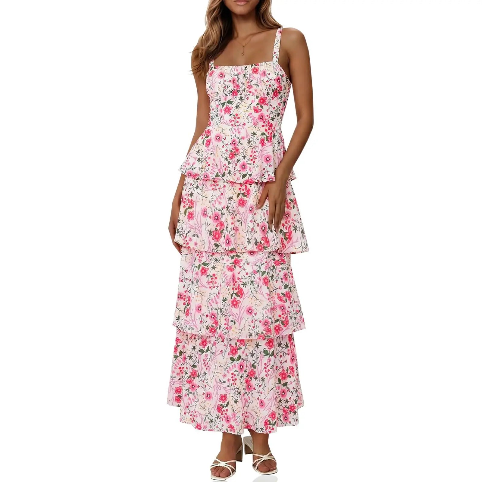 Imily Bela New Womens Floral Maxi Dresses Spaghetti Strap Casual Sleeveless Ruffle Flowy Tiered Dress Comfort Fit