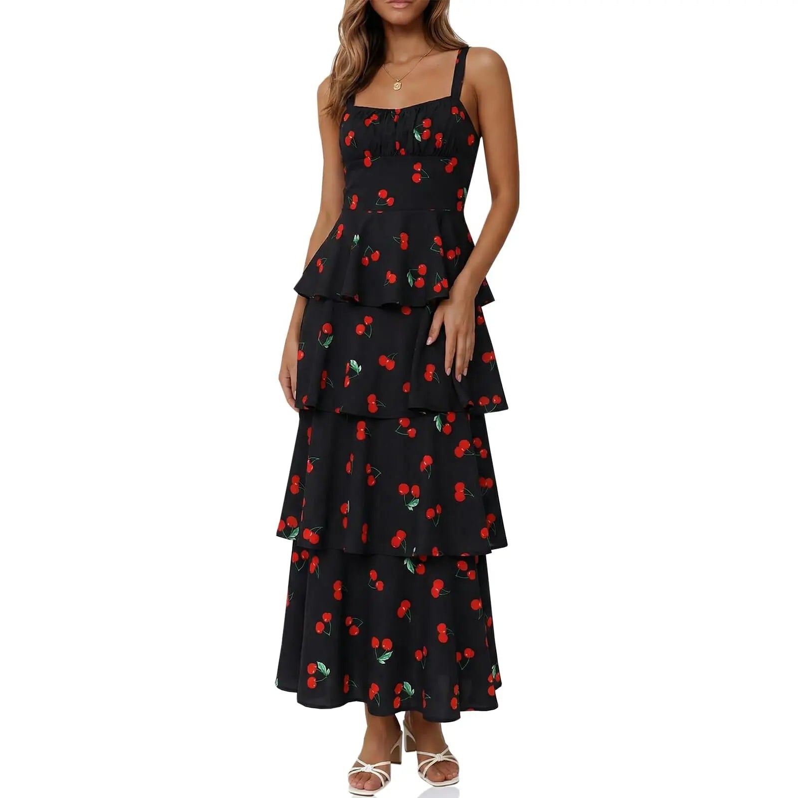 Imily Bela New Womens Floral Maxi Dresses Spaghetti Strap Casual Sleeveless Ruffle Flowy Tiered Dress Comfort Fit