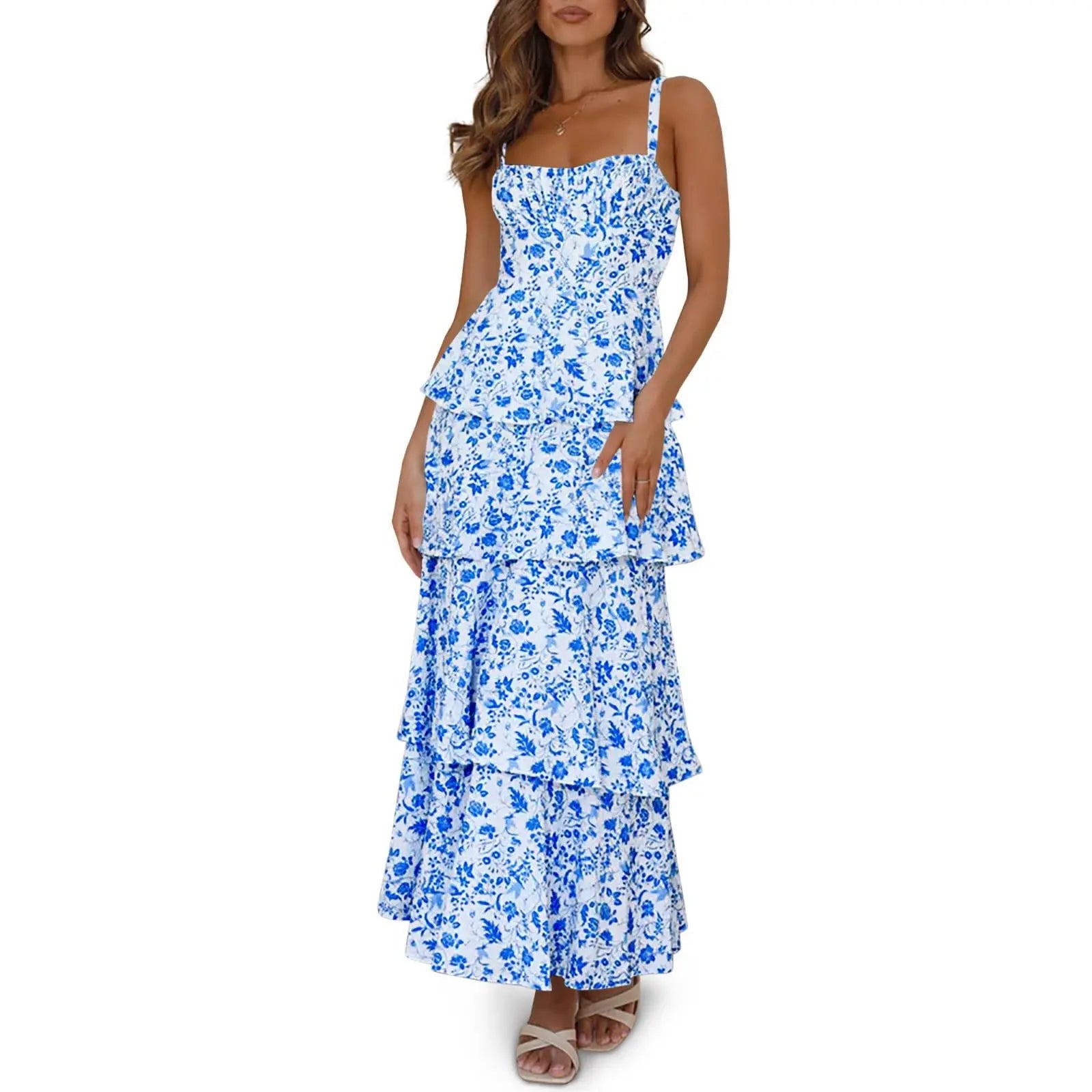 Imily Bela New Womens Floral Maxi Dresses Spaghetti Strap Casual Sleeveless Ruffle Flowy Tiered Dress Comfort Fit