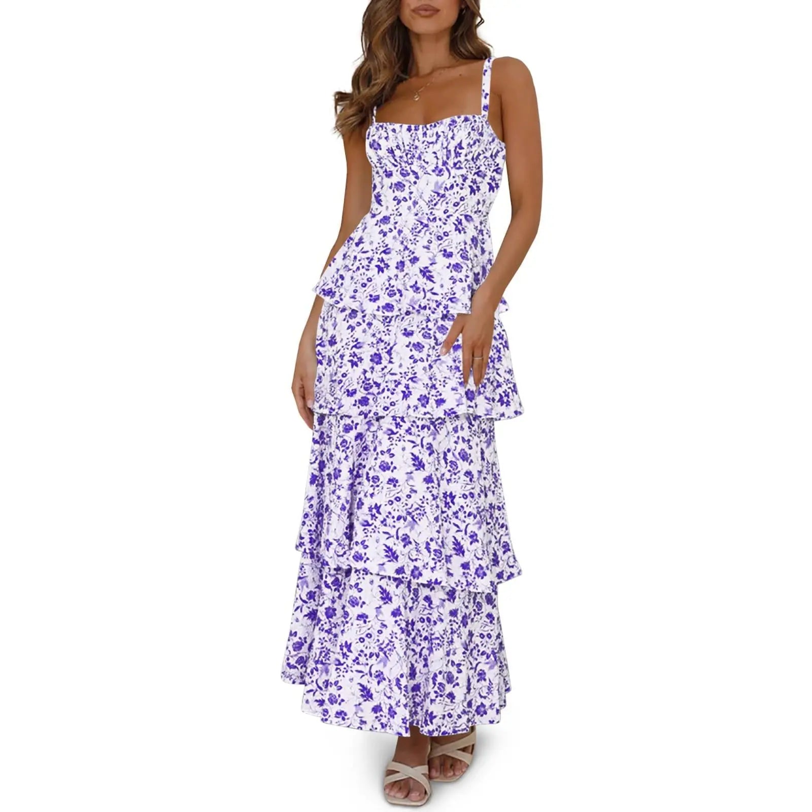 Imily Bela New Womens Floral Maxi Dresses Spaghetti Strap Casual Sleeveless Ruffle Flowy Tiered Dress Comfort Fit