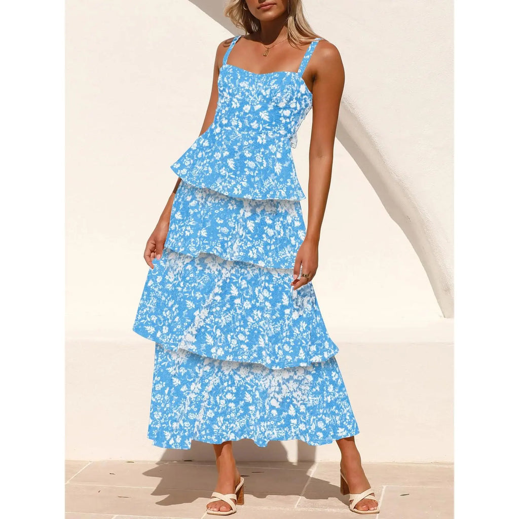 Imily Bela New Womens Floral Maxi Dresses Spaghetti Strap Casual Sleeveless Ruffle Flowy Tiered Dress Comfort Fit