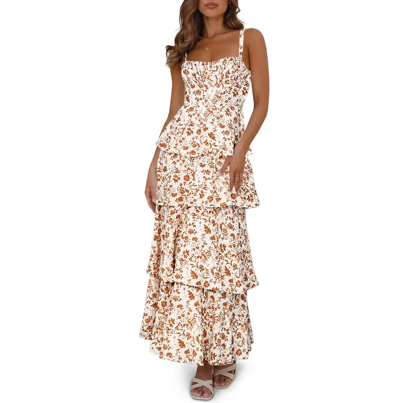 Imily Bela New Womens Floral Maxi Dresses Spaghetti Strap Casual Sleeveless Ruffle Flowy Tiered Dress Comfort Fit