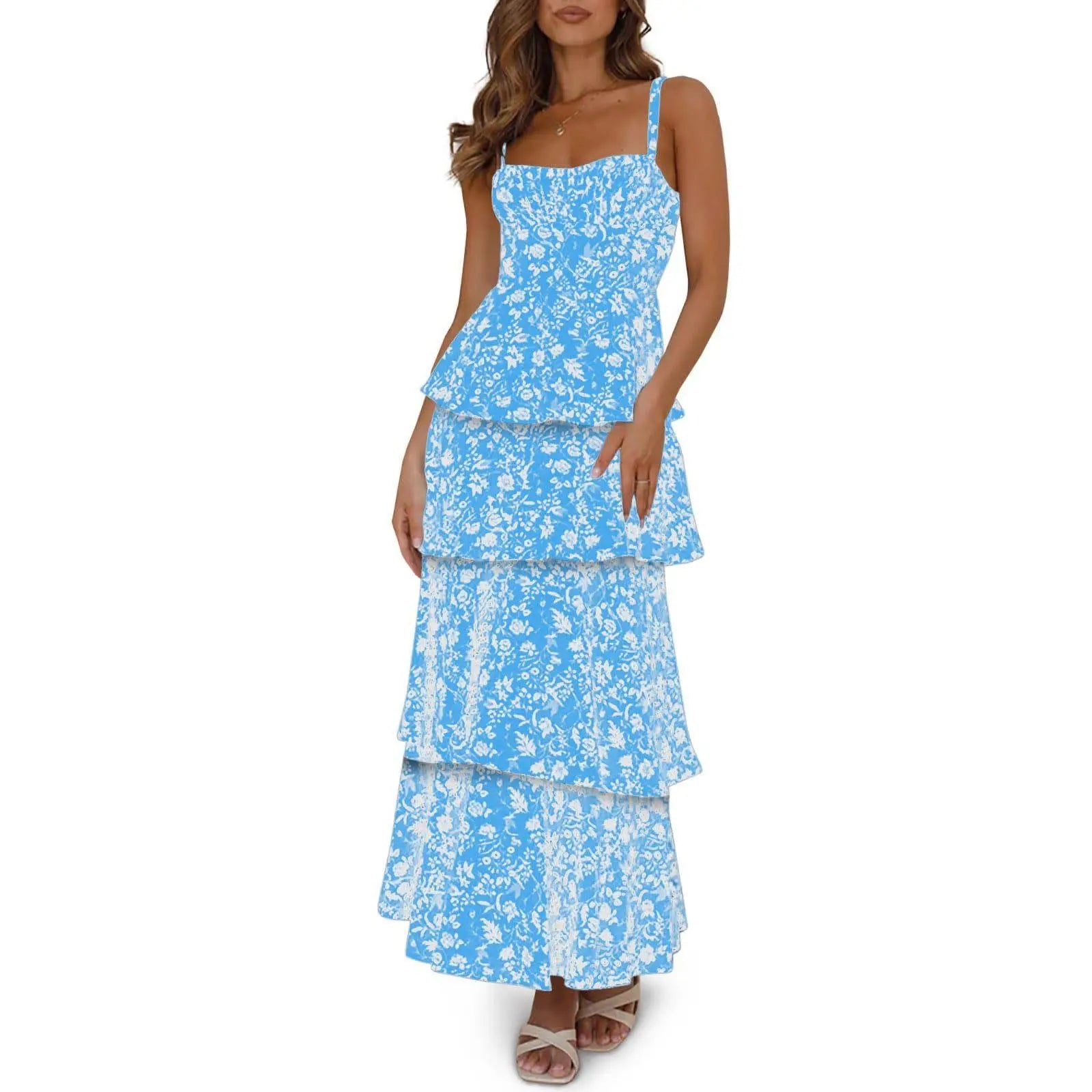 Imily Bela New Womens Floral Maxi Dresses Spaghetti Strap Casual Sleeveless Ruffle Flowy Tiered Dress Comfort Fit
