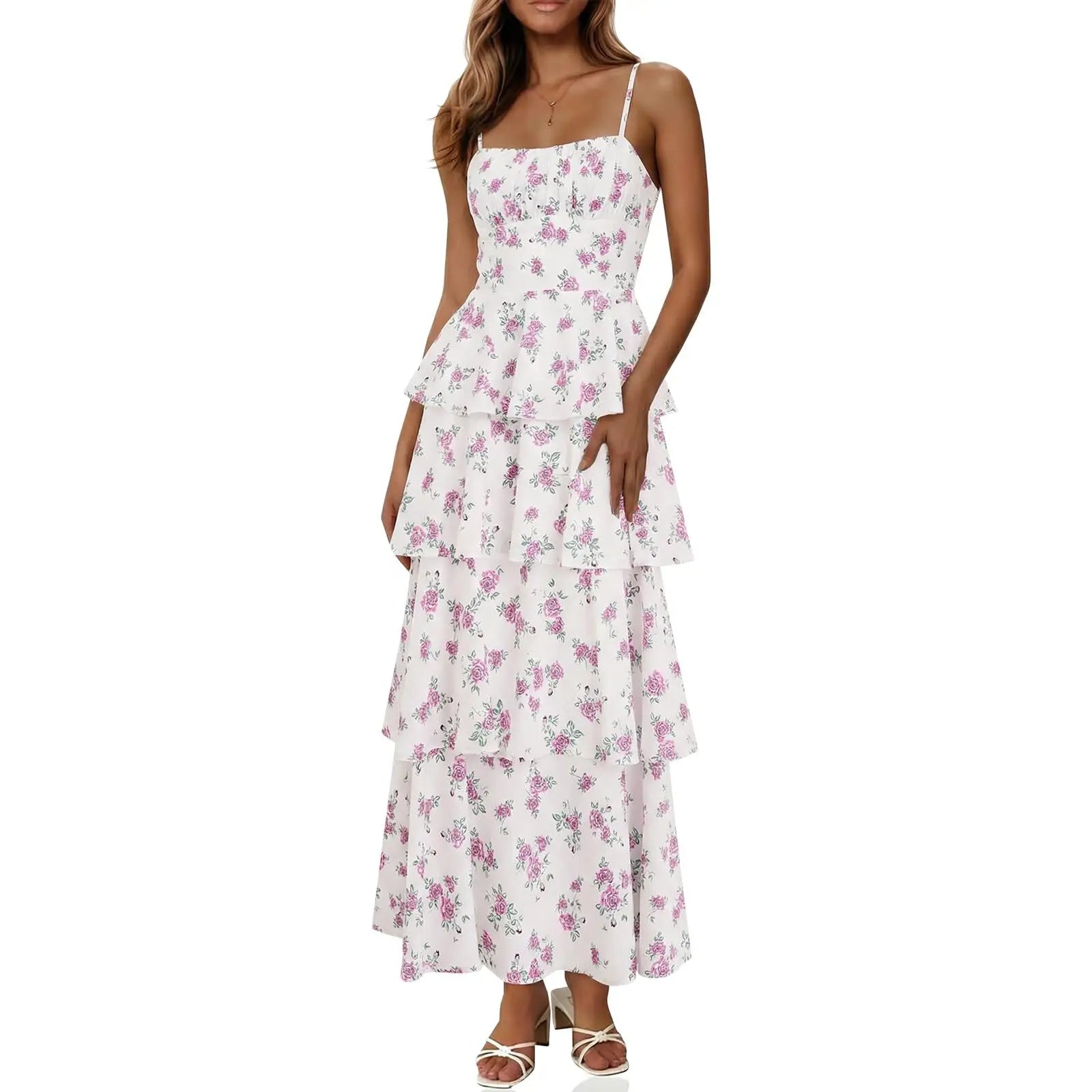 Imily Bela New Womens Floral Maxi Dresses Spaghetti Strap Casual Sleeveless Ruffle Flowy Tiered Dress Comfort Fit
