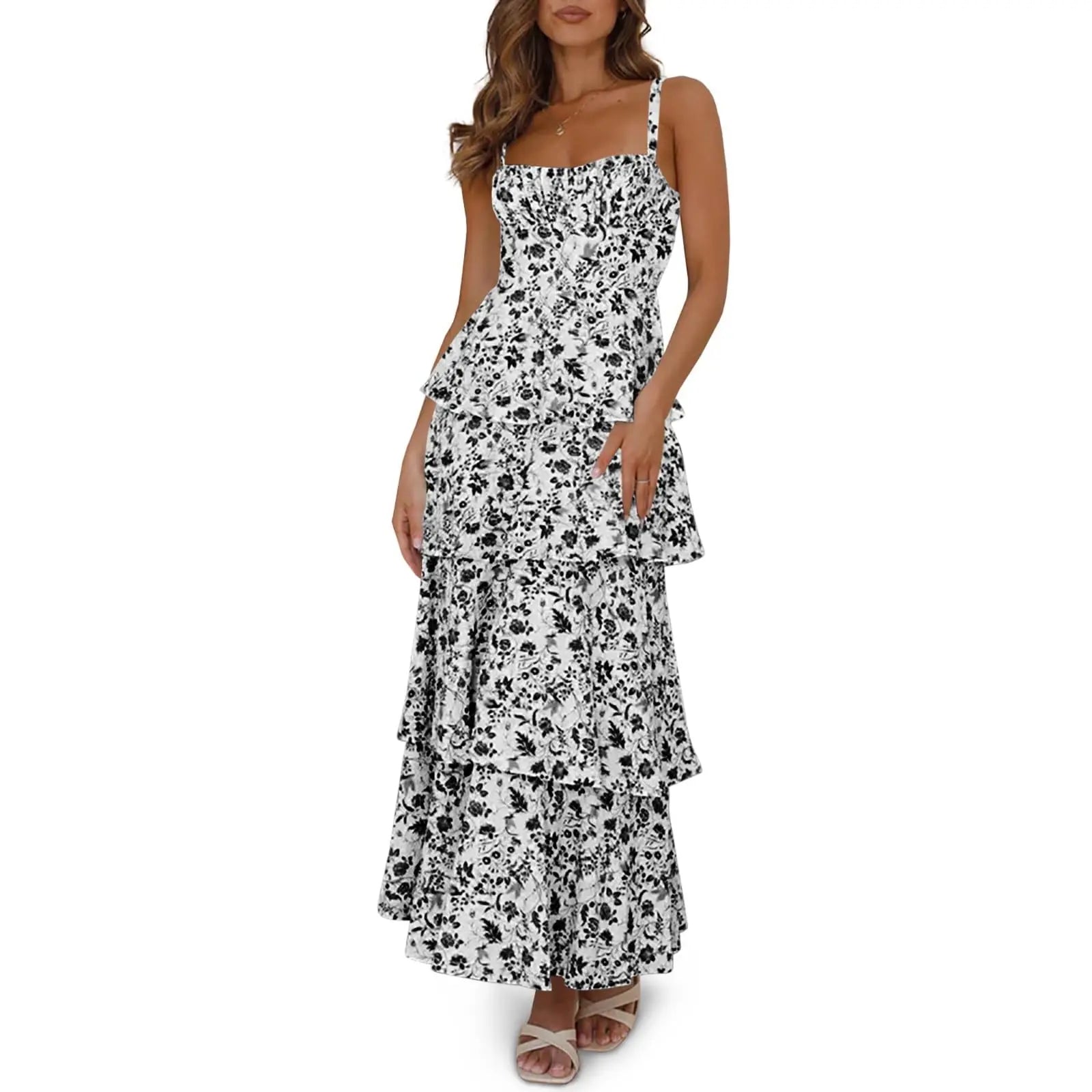 Imily Bela New Womens Floral Maxi Dresses Spaghetti Strap Casual Sleeveless Ruffle Flowy Tiered Dress Comfort Fit