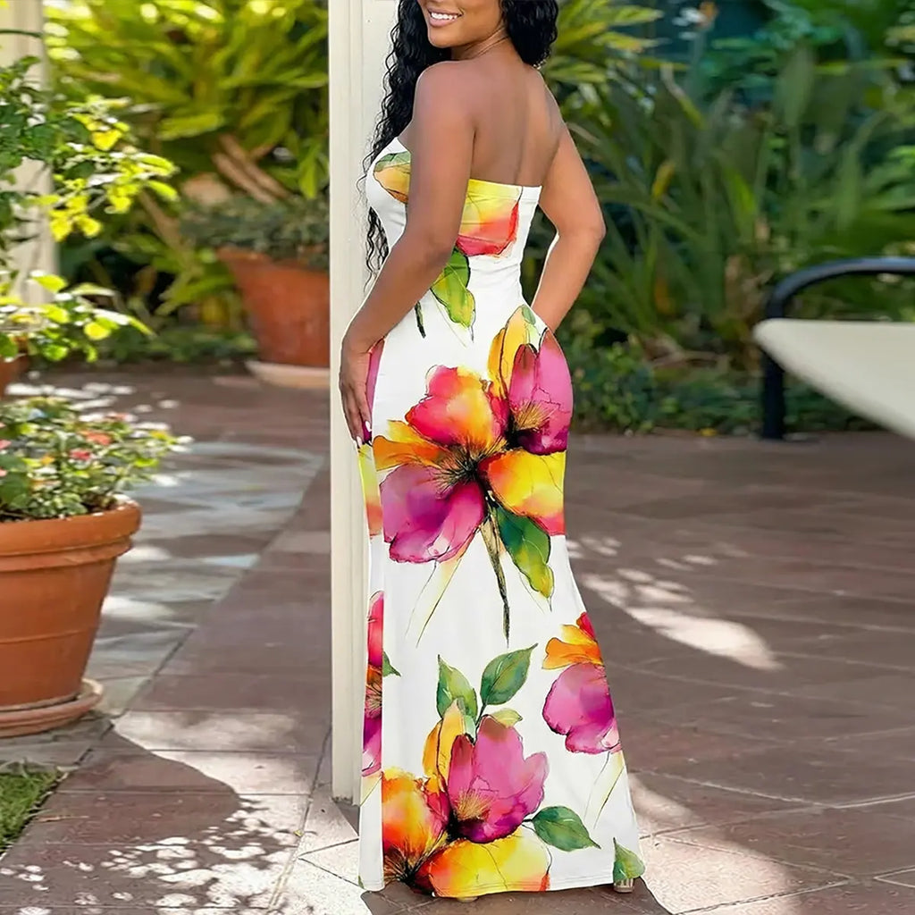 Chicme Women'S Allover Floral Print Mermaid Hem Tube Dress/Seaside Vacation Sleeveless Skirt