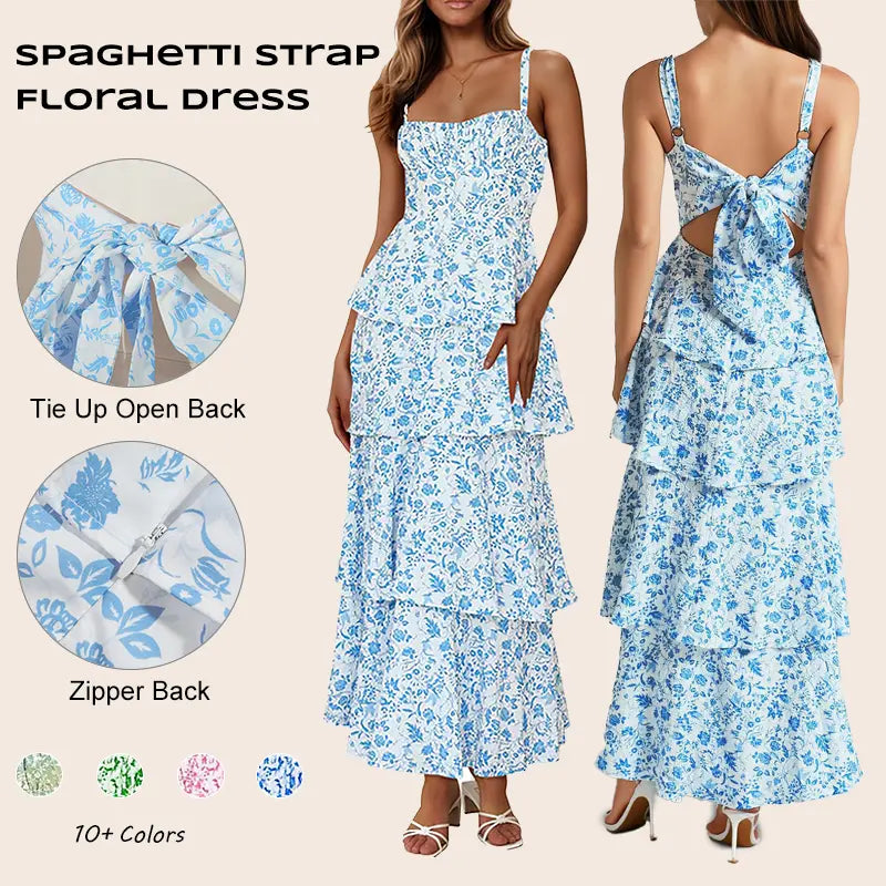 Imily Bela New Womens Floral Maxi Dresses Spaghetti Strap Casual Sleeveless Ruffle Flowy Tiered Dress Comfort Fit