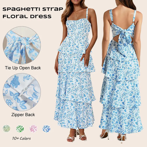 Imily Bela New Womens Floral Maxi Dresses Spaghetti Strap Casual Sleeveless Ruffle Flowy Tiered Dress Comfort Fit