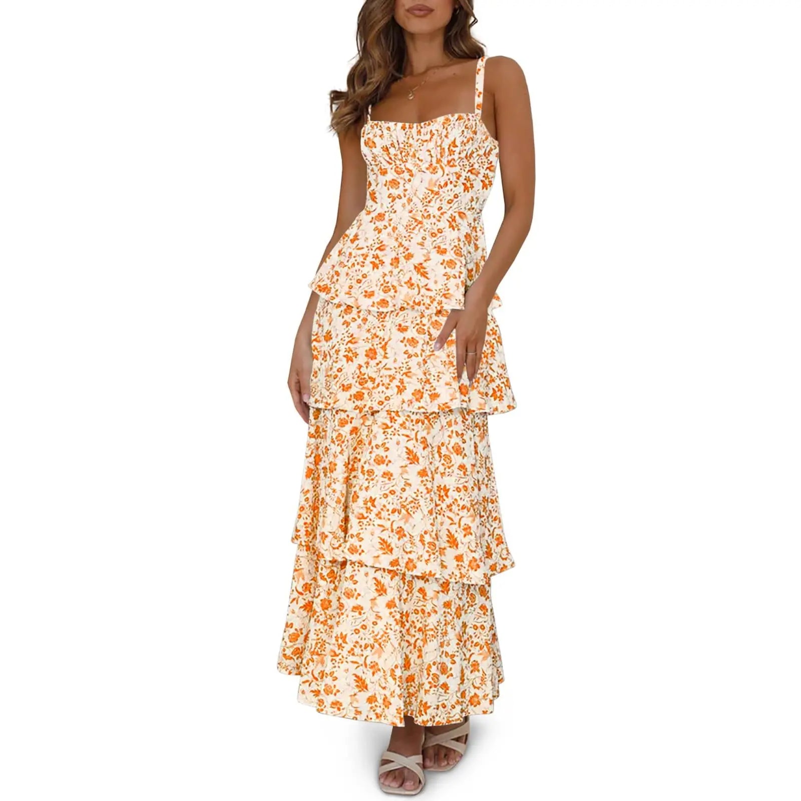 Imily Bela New Womens Floral Maxi Dresses Spaghetti Strap Casual Sleeveless Ruffle Flowy Tiered Dress Comfort Fit