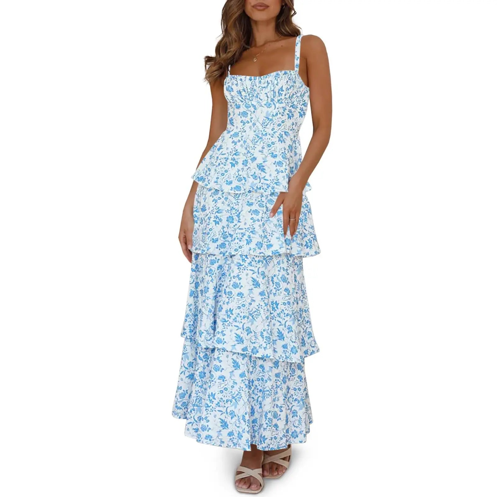 Imily Bela New Womens Floral Maxi Dresses Spaghetti Strap Casual Sleeveless Ruffle Flowy Tiered Dress Comfort Fit