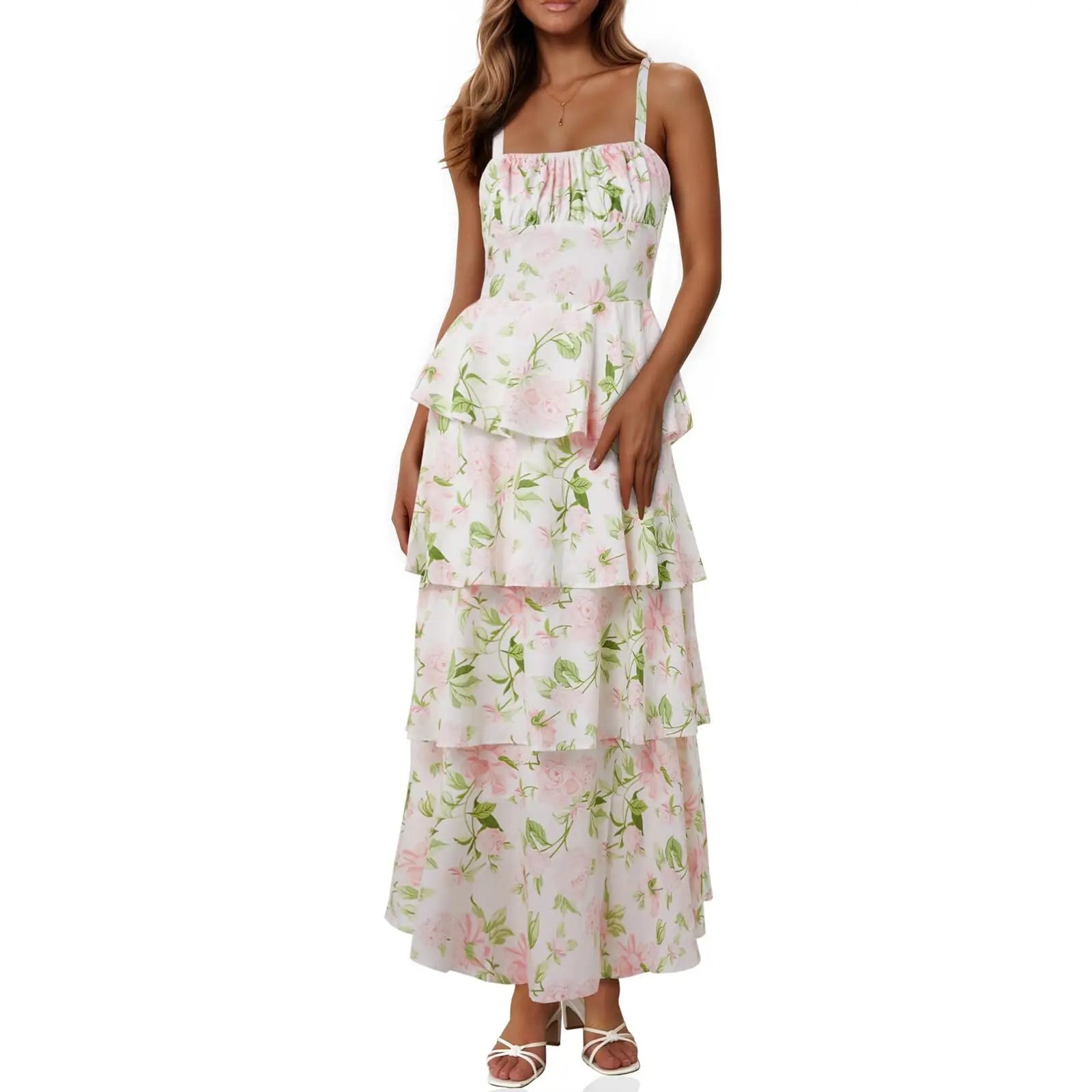 Imily Bela New Womens Floral Maxi Dresses Spaghetti Strap Casual Sleeveless Ruffle Flowy Tiered Dress Comfort Fit