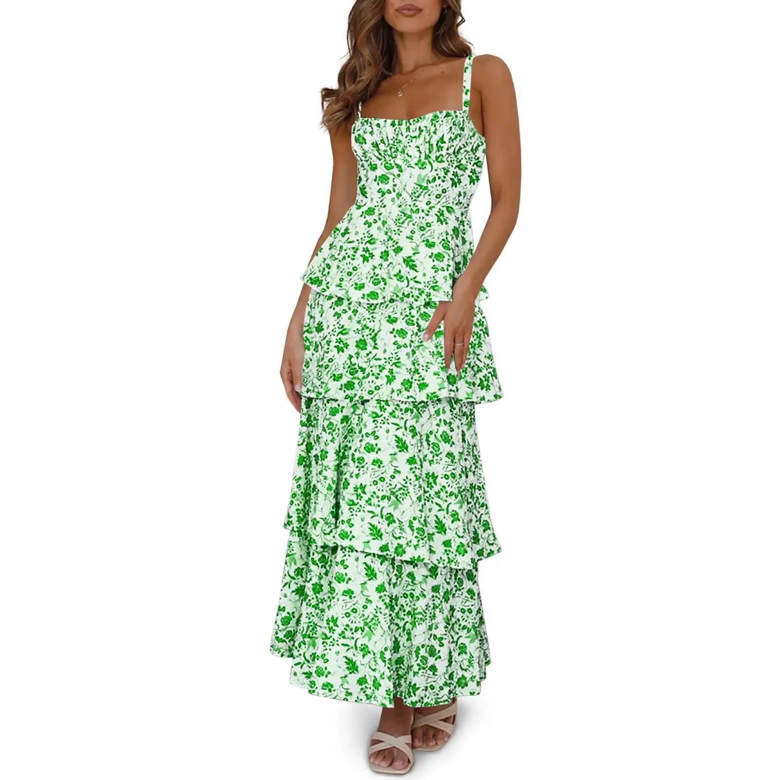 Imily Bela New Womens Floral Maxi Dresses Spaghetti Strap Casual Sleeveless Ruffle Flowy Tiered Dress Comfort Fit