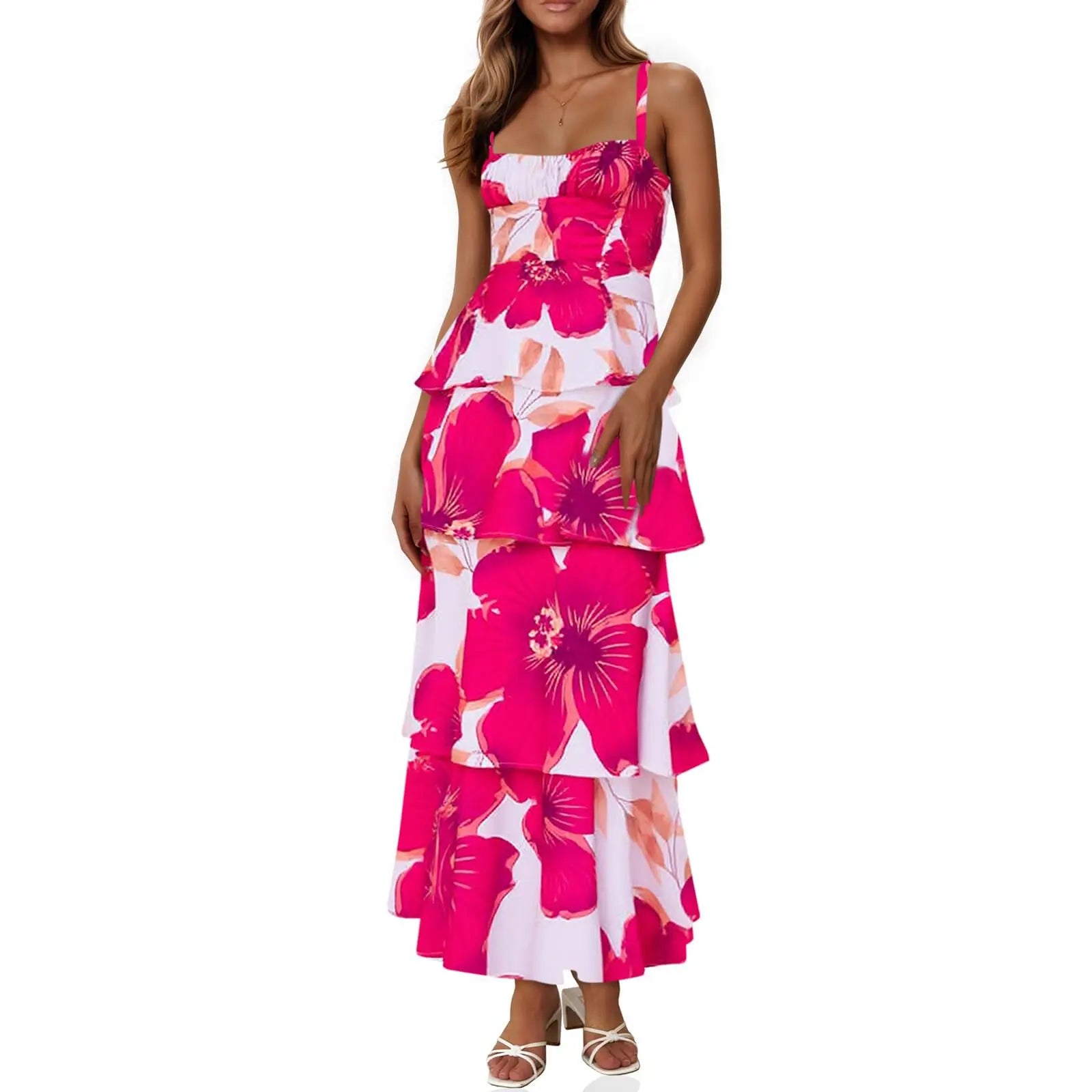 Imily Bela New Womens Floral Maxi Dresses Spaghetti Strap Casual Sleeveless Ruffle Flowy Tiered Dress Comfort Fit