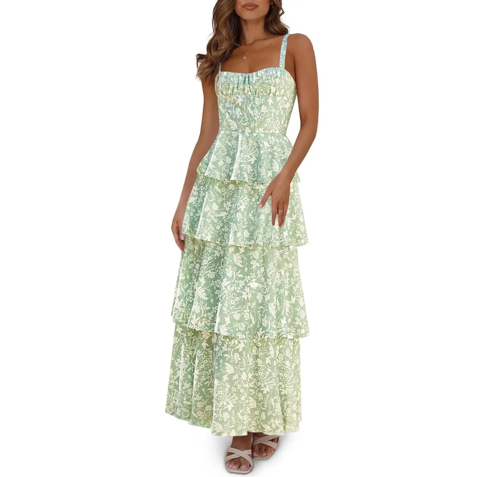 Imily Bela New Womens Floral Maxi Dresses Spaghetti Strap Casual Sleeveless Ruffle Flowy Tiered Dress Comfort Fit